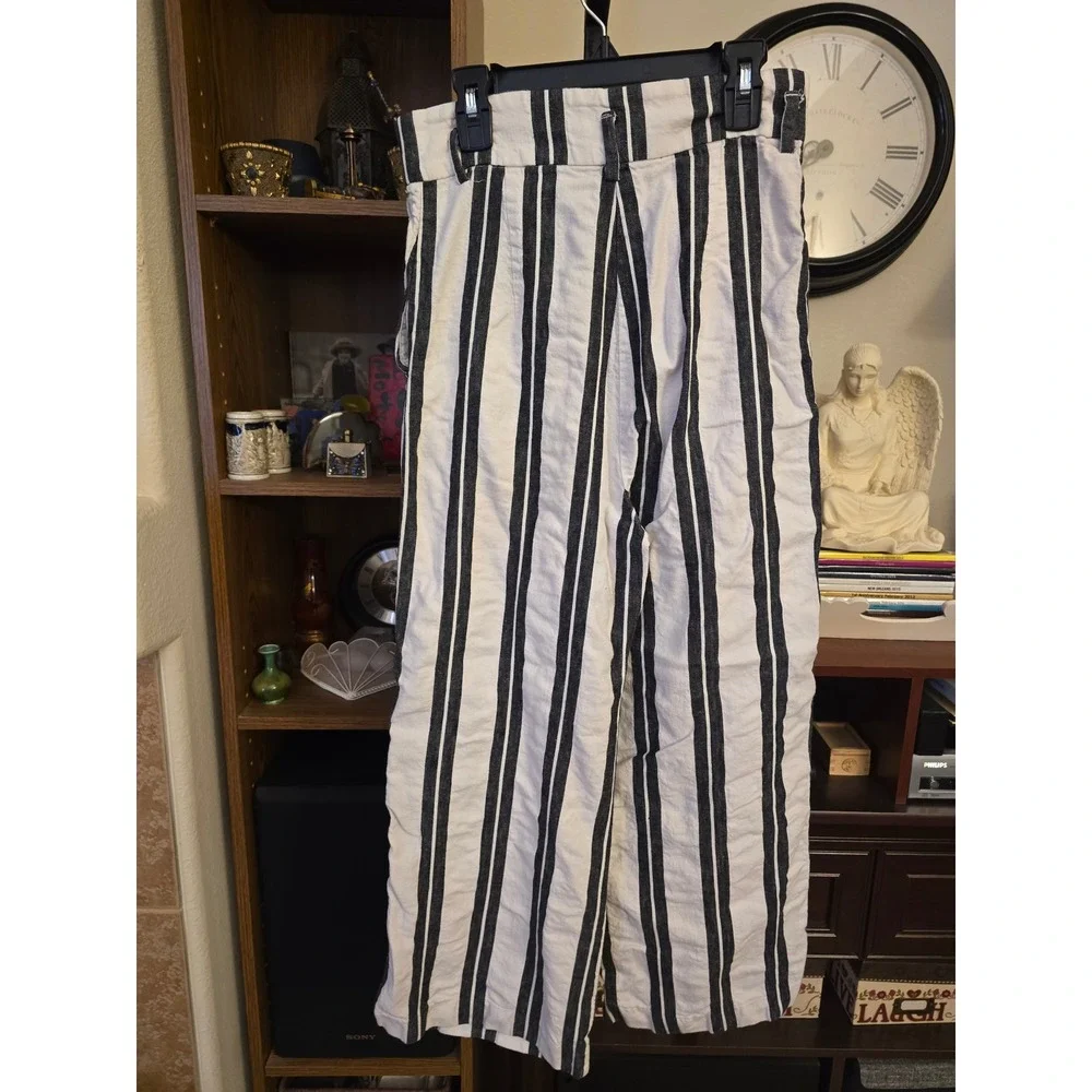 H&M Striped Wide Leg Linen Blend Pants Black White High Rise Tie Waist Size S